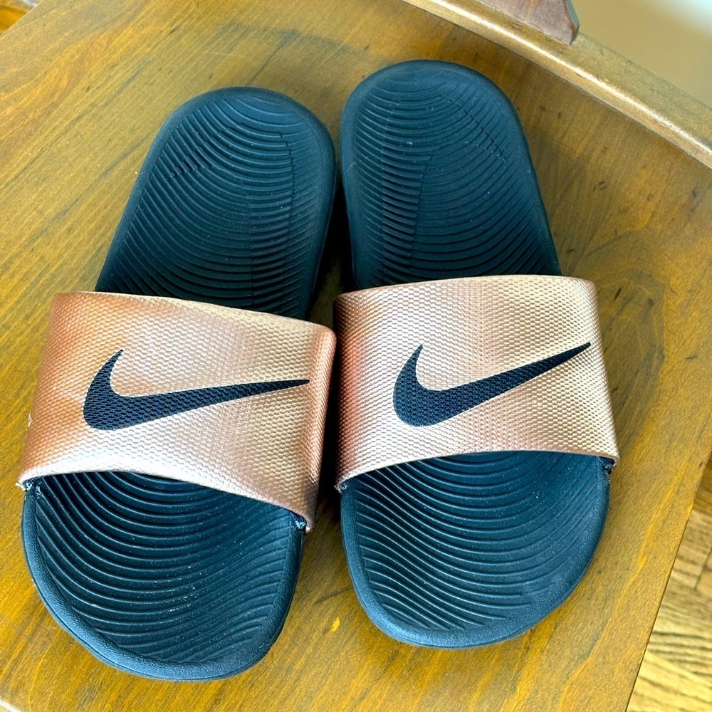 Nike Black and Copper Slide Sandals Size 10